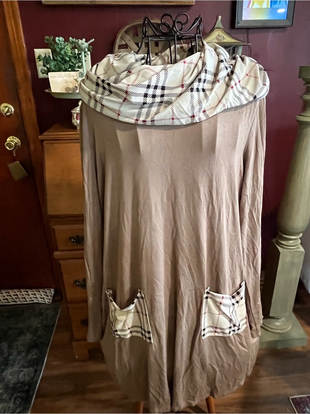 3/$10 Reborn J Tan Plaid-Trim Tunic